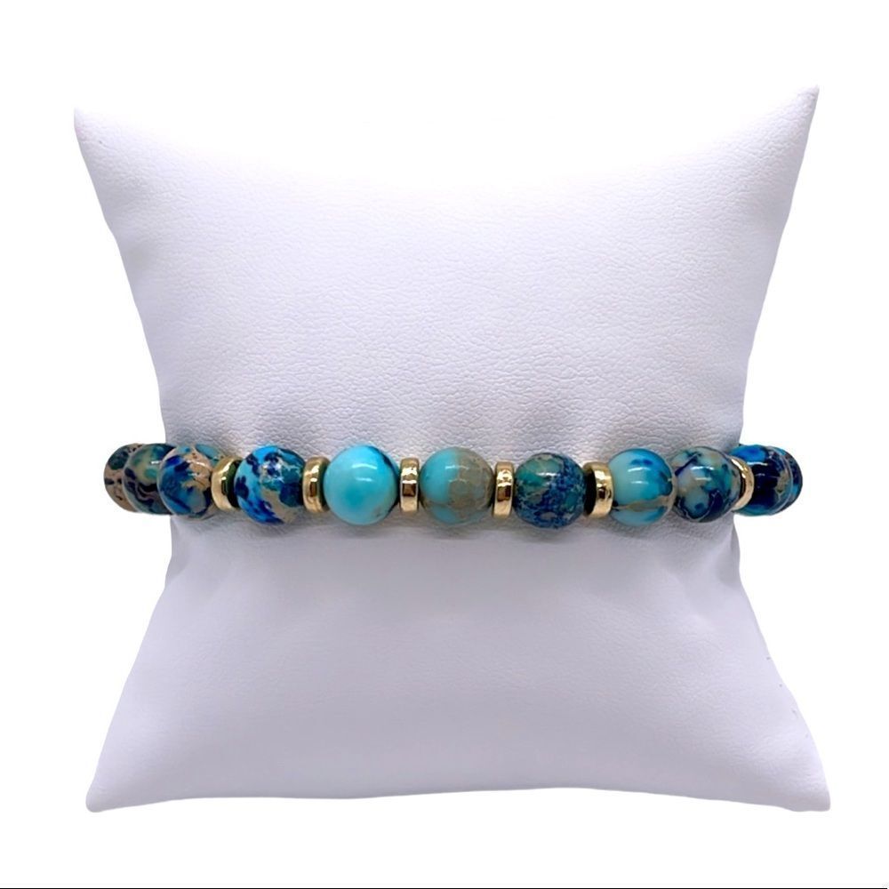 NWT Wool + Pepper Co. Blue Imperial Jasper & Gold Beaded  Bracelet